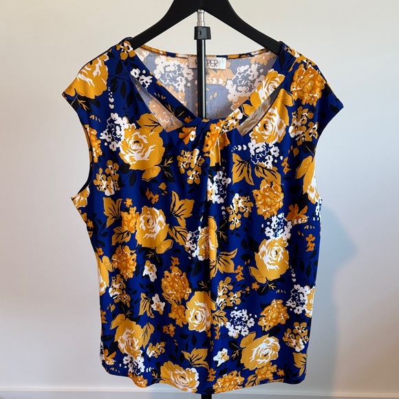 Kasper Tops - Kasper Women's Navy Blue & Mustard Floral Sleeveless Top LIKE NEW, 2X